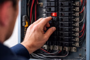 Electrician resetting a tripped circuit breaker inside a residential electrical panel in Suffolk County NY