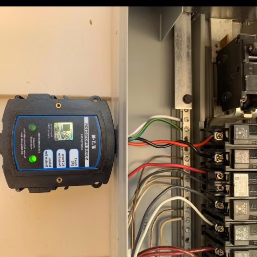 This image shows a whole-home surge protector installed adjacent to an electrical panel. The device, labeled with technical specifications, has indicator lights to display its operational status. The surge protector is connected to the panel with visible wires, which are neatly arranged, suggesting a professional installation.